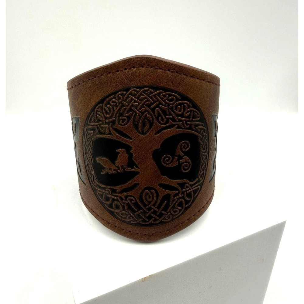 Celtic‎ Tree of Life Leather Cuff Bracelet Brown Viking Norse Knotwork Wide Band